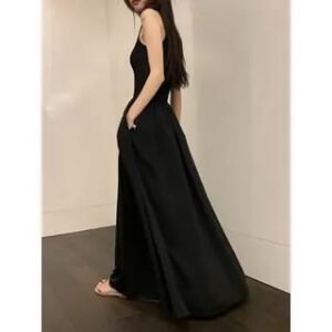Sleeveless Plain Shirred Midi A-Line Dress Black 237258195
