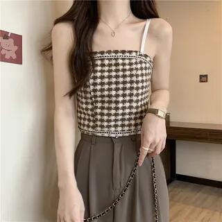Houndstooth Tweed Cami Top Khaki by Lady Jean