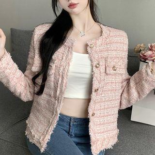 Round Neck Single Breasted Tweed Blazer Pink by Metonymph