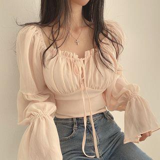 Cinched Sleeve Square Neck Plain Ruched Tie Front Blouse Pink by Happo