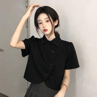 Short-Sleeve Collared Plain Blouse Black by Shinsei