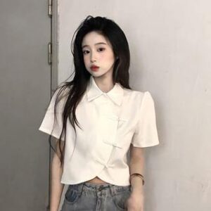 Short-Sleeve Collared Plain Blouse White | Shinsei 237258835