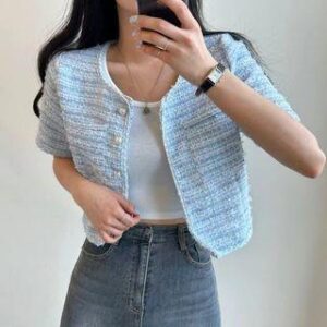 Short Sleeve Single Breasted Tweed Crop Blazer Blue 237258922