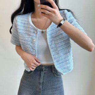 Short Sleeve Single Breasted Tweed Crop Blazer Blue by MIKIGA