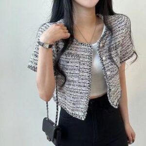 Short Sleeve Single Breasted Tweed Crop Blazer Black 237258923