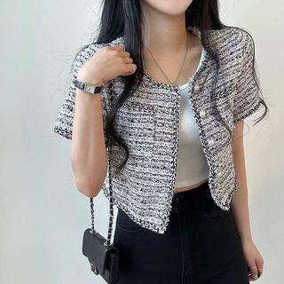 Short Sleeve Single Breasted Tweed Crop Blazer Black by MIKIGA