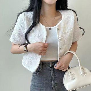 Short Sleeve Single Breasted Tweed Crop Blazer White by MIKIGA