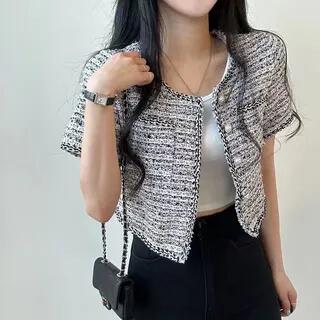 Short Sleeve Single Breasted Tweed Crop Blazer Black by MIKIGA