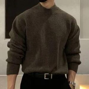 Long-Sleeve High Neck Plain Knit Top Dark Brown 237259158