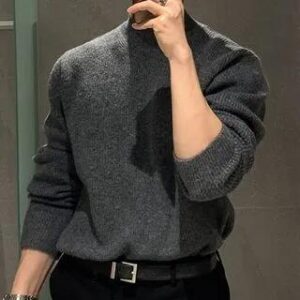 Long-Sleeve High Neck Plain Knit Top Dark Gray | Okwano 237259163