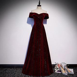 [XS] Short-Sleeve Off Shoulder Glitter Velvet A-Line Evening Gown Wine Red by MSSBridal