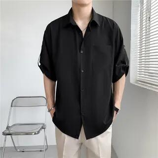 Tab-Sleeve Plain Loose Shirt Black by Lorencho