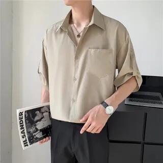 Tab-Sleeve Plain Loose Shirt Brown by Lorencho