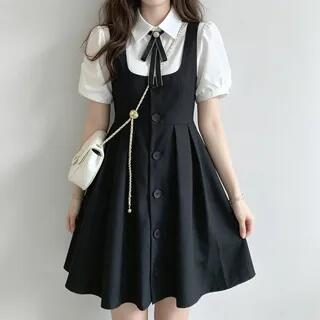 Short-Sleeve Plain Shirt / Square Neck Button Mini A-Line Pinafore Dress Dress - Black by Leoom