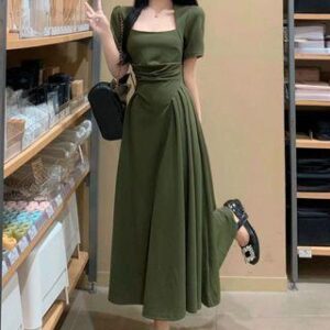 Short-Sleeve Square Neck Plain Midi A-Line Dress Army Green 239440644