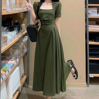 Short-Sleeve Square Neck Plain Midi A-Line Dress Army Green by Cloud Nine