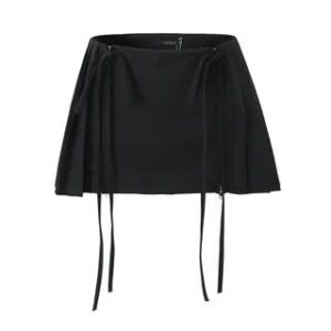 Low Waist Plain Pleated Drawstring Mini A-Line Skirt Black 239440749