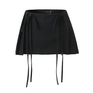 Low Waist Plain Pleated Drawstring Mini A-Line Skirt Black by Ulark