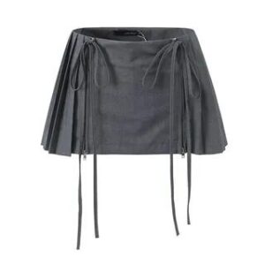 Low Waist Plain Pleated Drawstring Mini A-Line Skirt Gray 239440750