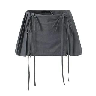 Low Waist Plain Pleated Drawstring Mini A-Line Skirt Gray by Ulark