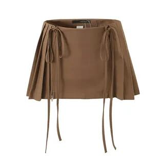 Low Waist Plain Pleated Drawstring Mini A-Line Skirt Coffee by Ulark