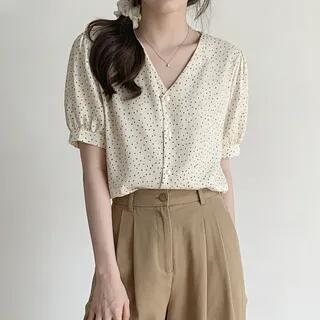 Short-Sleeve Button-Up Dotted Blouse Beige by Happo