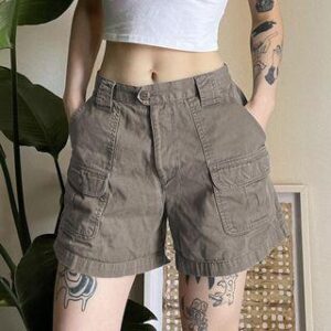 Mid Waist Plain Cargo Shorts Khaki 239440803