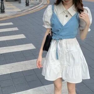 Set: Puff-Sleeve Plain Mini A-Line Dress + Bow-Back Washed Denim Vest Set - White & Light Blue 239440933
