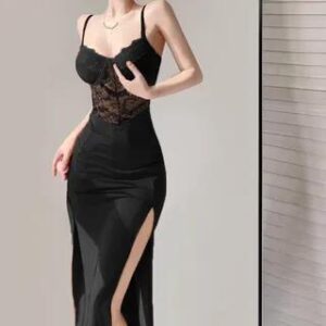 Spaghetti Strap V-Neck Lace Slit Midi Sheath Dress Black 239441084