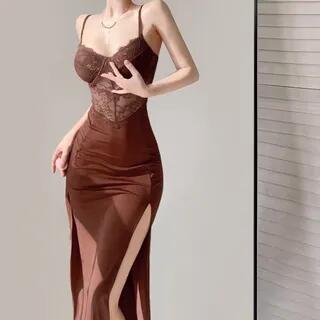Spaghetti Strap V-Neck Lace Slit Midi Sheath Dress Brown by Allinya