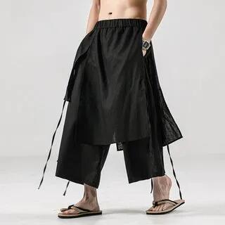 Low Rise Plain Asymmetrical Cropped Wide Leg Pants Black by Aozora