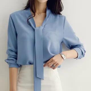 Long-Sleeve V-Neck Plain Lace Up Chiffon Blouse Blue by Muezz