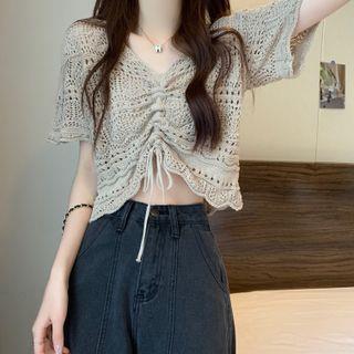 Short-Sleeve V-Neck Drawstring Crop Top Khaki by Ukiyo