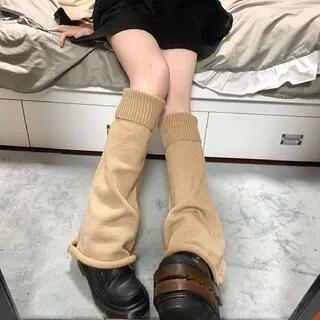 Plain Loose Fit Knit Leg Warmers Khaki by Kinoxslone