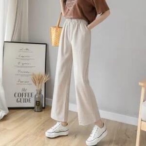 Elastic Waist Plain Cropped Wide Leg Pants Almond 241438751