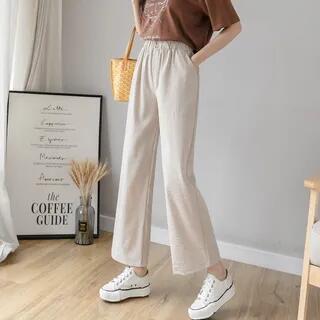 Elastic Waist Plain Cropped Wide Leg Pants Almond by INEN