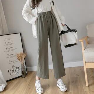Elastic Waist Plain Cropped Wide Leg Pants Army Green by INEN