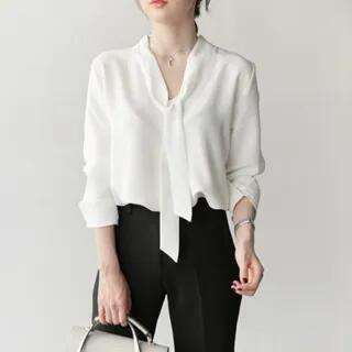 Long-Sleeve V-Neck Plain Lace Up Chiffon Blouse White by Muezz