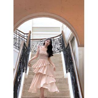 [S] Spaghetti Strap Plain Irregular Layered Midi A-Line Dress Pink by JIYON