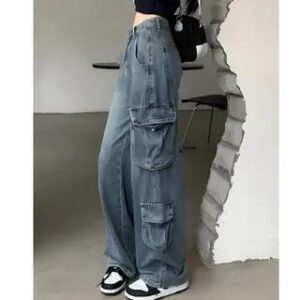 High Rise Wide Leg Cargo Jeans Blue 241439009