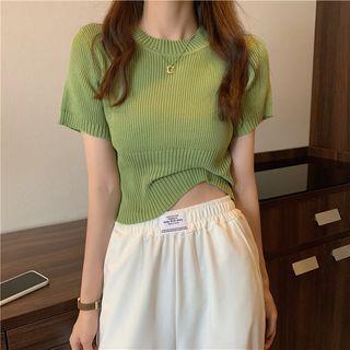 Short-Sleeve Crew Neck Plain Knit Top Green by Moon City