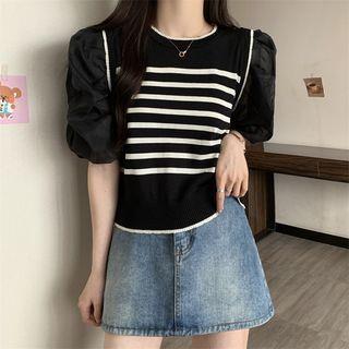 Puff-Sleeve Crew Neck Striped Knit Blouse Striped - Black by Allinya