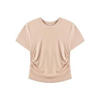 Short-Sleeve Round Neck Plain Crop Slim Fit Tee T-Shirt - Almond by Windflower