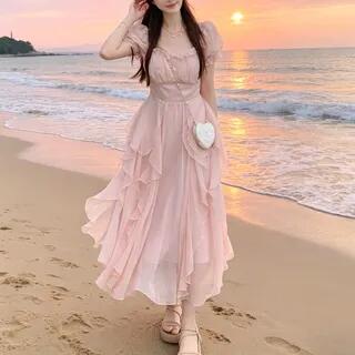 Puff Sleeve Square Neck Plain Ruffle Faux Pearl Maxi A-Line Dress Pink by Sienne