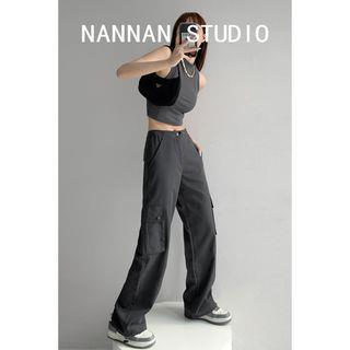 Drawstring-Hem Straight-Cut Cargo Pants in 7 Colors Dark Gray by Shira