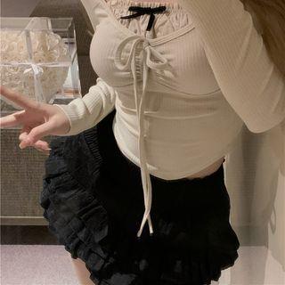 Long-Sleeve Plain Balletcore Crop Top / Mid Rise Tiered Mini A-Line Skirt Skirt - Black by Yako