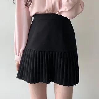 High Waist Plain Accordion Pleated Mini A-Line Skirt Skirt - Black by Janerium
