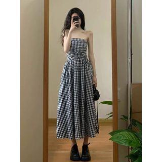 Strapless Plaid Midi A-Line Dress Dress - Black by Whoosh