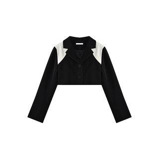 Two Tone Crop Single-Breasted Blazer / Tube Top / High Rise Wide Leg Pants Blazer - Black by Windflower