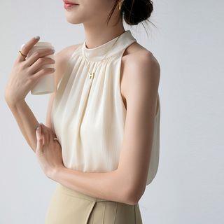 Mock Neck Plain Halter Top Almond by EFO